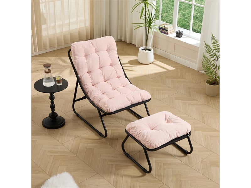 Fauteuil de jardin avec repose-pied - 65x78x86cm - chaise lounge relax avec coussin moelleux - acier & velours - rose - Conforama D
