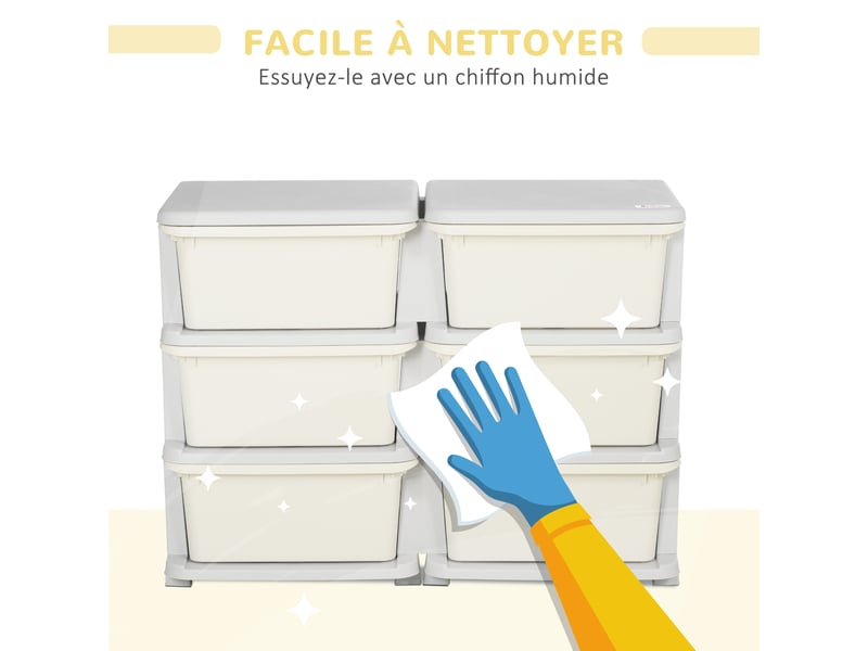  Organisateur de jouets pour enfants à 3 niveaux avec 6 tiroirs, 75x37x56,5cm, boîtes de rangement en plastique, crème  - Conforama R