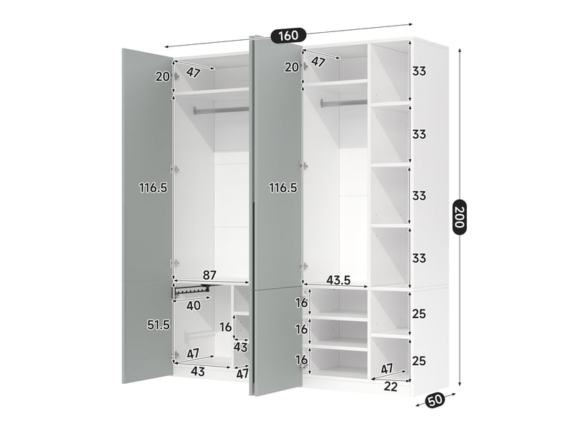  Armoire chambre 160x50x200 cm, avec penderie et étagères, avec 14 compartiments et 1 porte-pantalon, en mdf, gris  - Conforama E