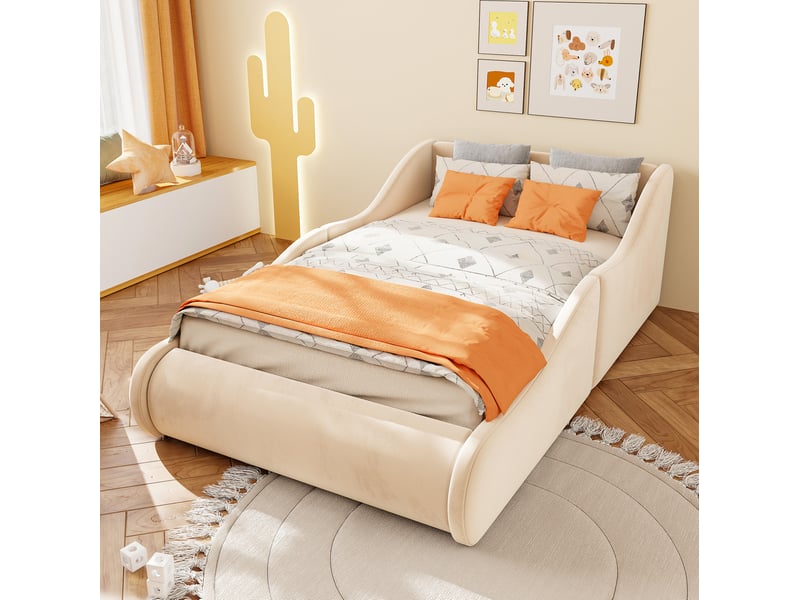 Lit jeune 1 place 90x200 cm, cadre rembourré, équipé de tête de lit haute en velours, coloris beige - Conforama B
