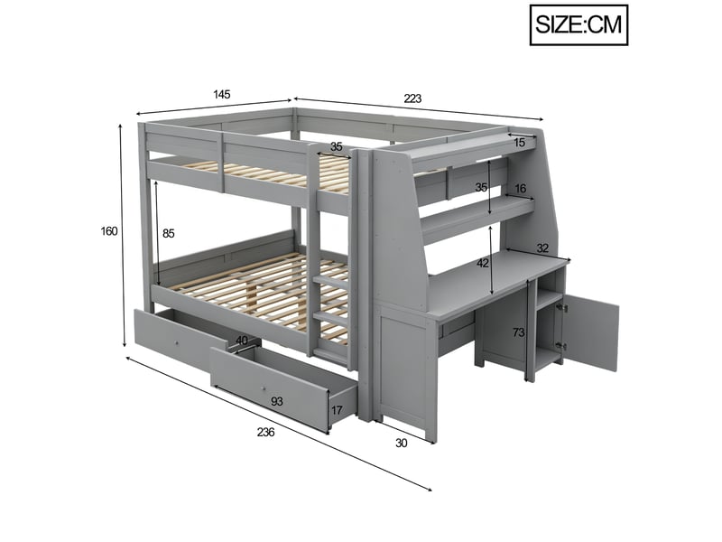  Lit superposé pour enfants de 140 x 200 cm, équipé d'un meuble de rangement, d'un bureau, d'une étagère et de tiroirs, gris  - Conforama C