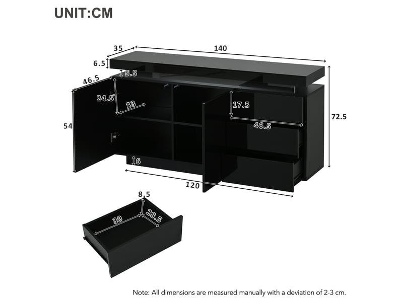  Buffet noir brillant 140x35x73 cm, 2 portes, 3 tiroirs, éclairage led intégré, design sans poignée  - Conforama C