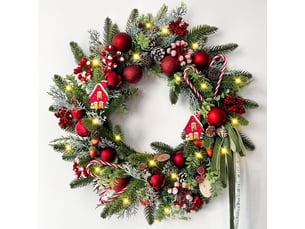 Couronne de noël réaliste 50cm – décorée de cannes à sucre, pommes de pin, baies et nœuds, pour porte et mur