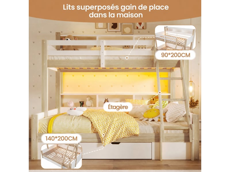  Lit superposé enfant avec couchage double en bas, 90x200 et 140x200 cm, rangements, tiroir et éclairage led  - Conforama D