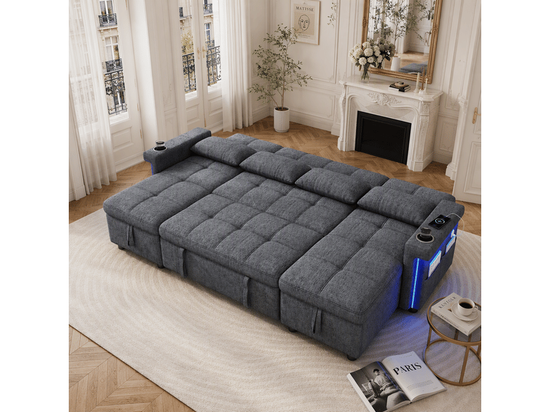  Canapé d’angle u convertible 4 places 268,5x141,5x90 cm, 2 méridiennes coffre, led, usb type-c, dossier réglable, gobelet, poche, chenille, gris  - Conforama B