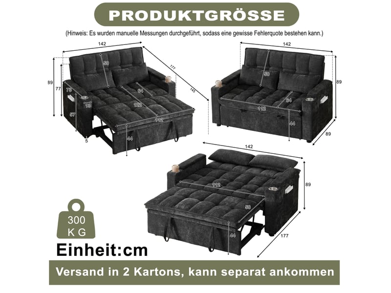 Canapé-lit 3-en-1 142 x 89 x 89 cm – noir – rangements d'accoudoirs, poches et 2 porte-gobelets - Conforama B