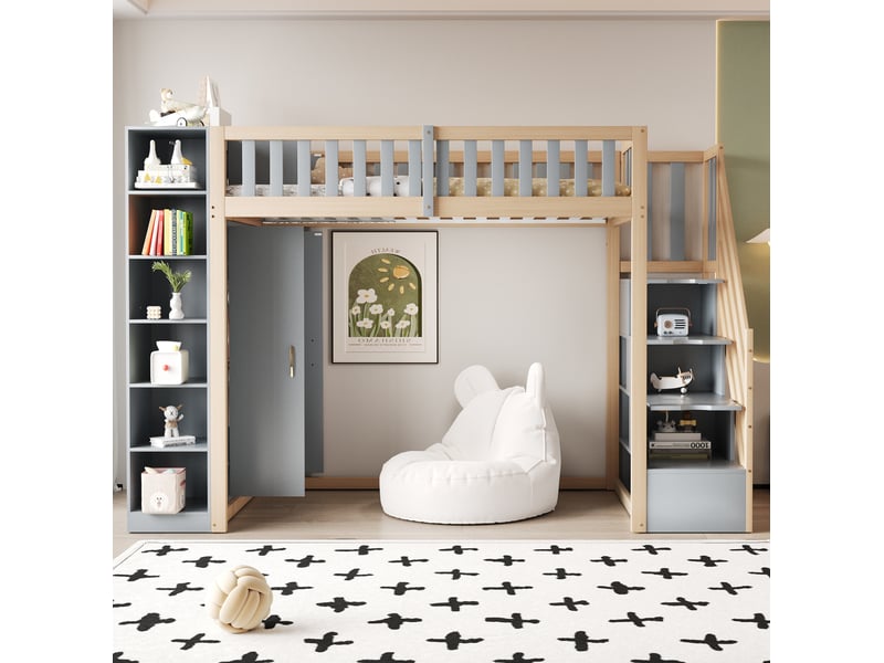  Lit mezzanine 90x200 cm rangement dressing, escalier sécurisé, 15 lattes bois gris et bois naturel sans matelas  - Conforama B