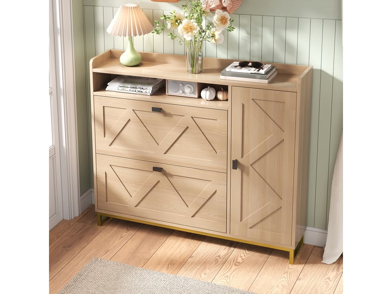  Meuble à chaussures 110x24x100 cm, armoire à chaussures, meuble d'entrée, portes et placard latéral, couleur naturel  - Conforama E