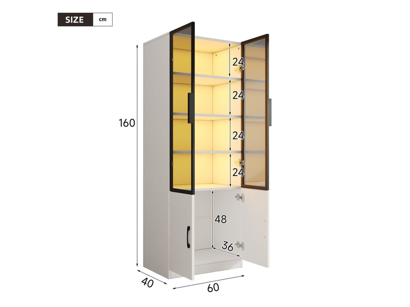  Vitrine 60 x 40 x 160 cm blanche, verre gris fumé, led multicolore pilotable par application et rangement fermé  - Conforama C
