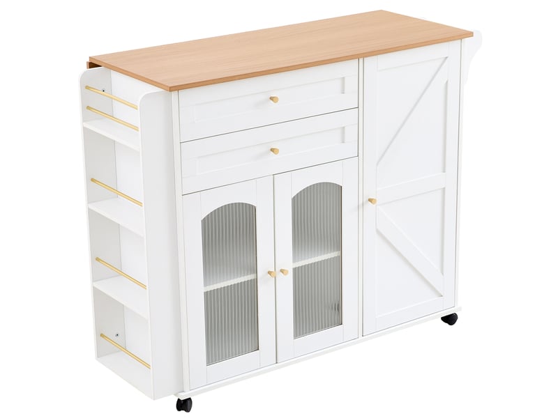  Îlot de cuisine - 2 tiroirs - rangements intégrés - portes vitrées - plateau rabattable - sur roulettes - meuble de cuisine - blanc CozyNest - Conforama D