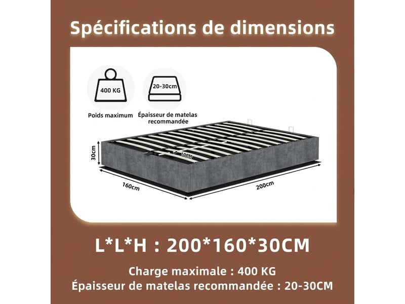  Cadre de lit 160x200 double gris en velours avec mécanisme de levage à gaz - structure robuste  - Conforama C
