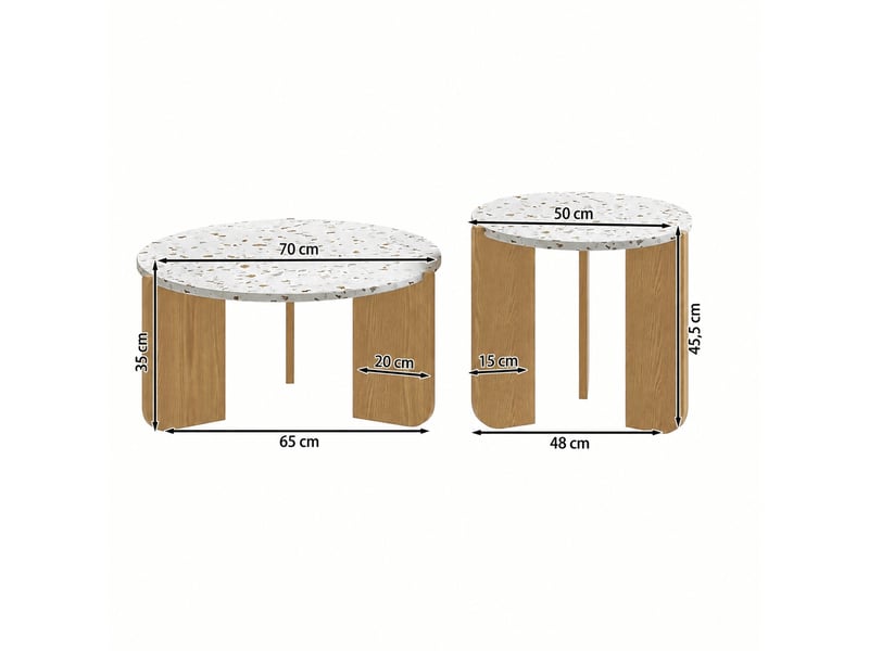  Ensemble de 2 tables basses rondes gigognes, motifs décoratifs blancs et bois naturel, ø 70 et 50 cm  - Conforama C