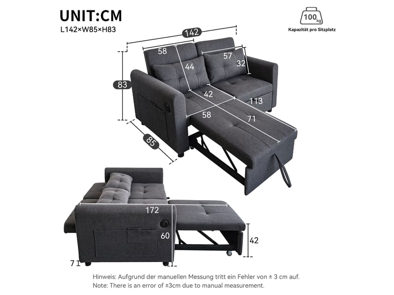  Canapé convertible modenvie 3 en 1 2 places gris usb 142 x 85 x 83 cm  - Conforama C
