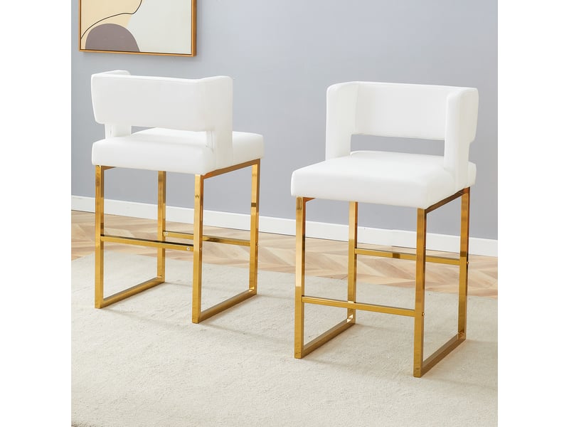  Lot de 2 tabourets de bar 53x48x91 cm, chaises hautes avec assise carrée, meuble cuisine, pieds métal doré, pu blanc  - Conforama B