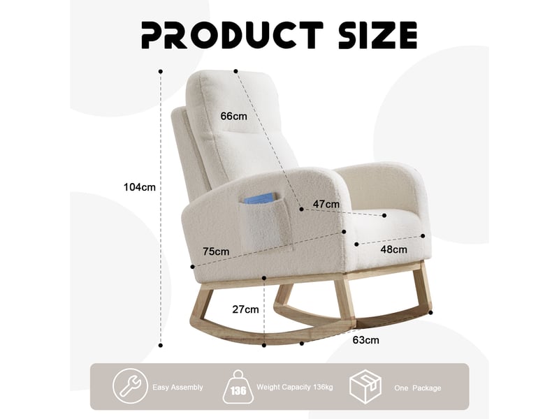 Fauteuil à bascule - 75x63x104 cm - chaise à bascule ergonomique en tissu teddy avec pochette - blanc - Conforama E