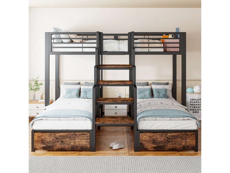  Lit superposé 3 couchages 90 x 200 cm avec escalier central et deux tiroirs, structure noire en métal et bois  - Conforama E