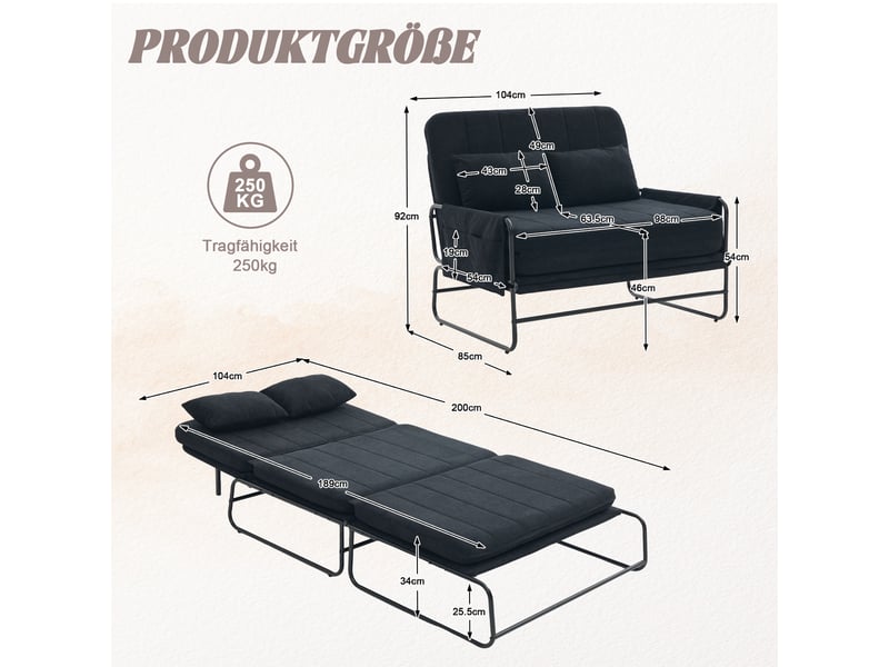  Canapé convertible 2 places noir, canapé-lit avec rangement intégré et cadre métal industriel, tissu chenille pour salon ou bureau  - Conforama C