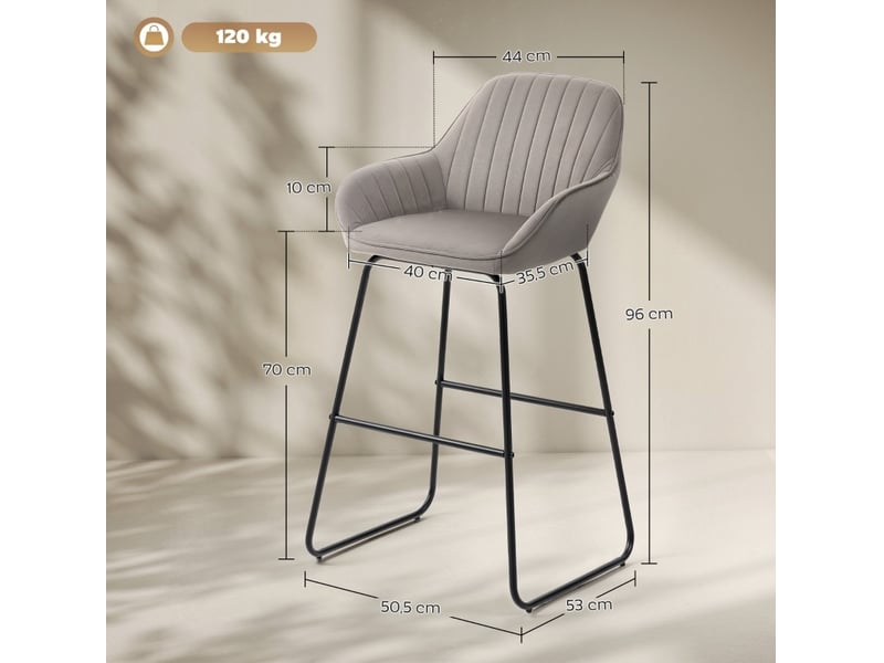  Tabouret de bar lot de 2 avec assise rembourrée, accoudoirs et repose-pieds, en polyester gris  - Conforama D