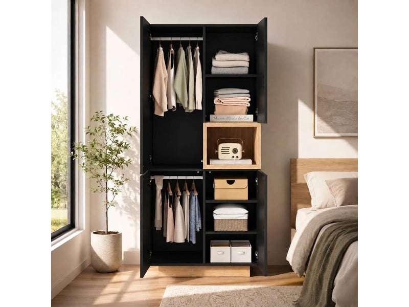  Armoire noire 2 portes 90x45x200 cm avec 2 tringles et 5 compartiments  - Conforama C