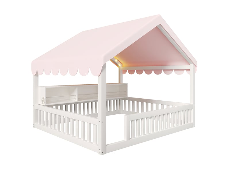 Lit enfant cabane 140x200 cm avec baldaquin led et bibliothèque blanc, sans sommier à lattes ni matelas  - Conforama D