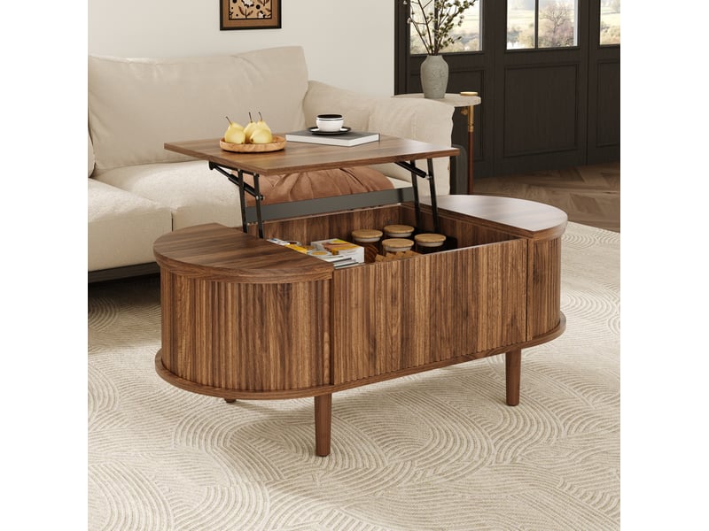  Table basse ovale relevable 100x48 cm avec rangement, coloris noyer  - Conforama B
