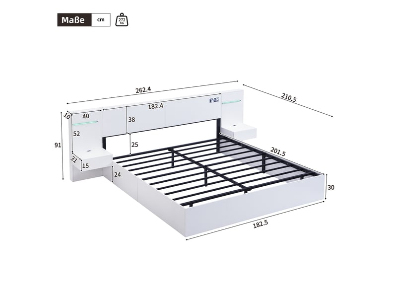  Lit double 180 x 200 cm, en bois, avec port usb, réveil électronique, enceinte bluetooth, bande lumineuse colorée, matelas intégré, 2 tables de chevet (sans tiroirs), matelas non inclus, blanc  - Conforama C