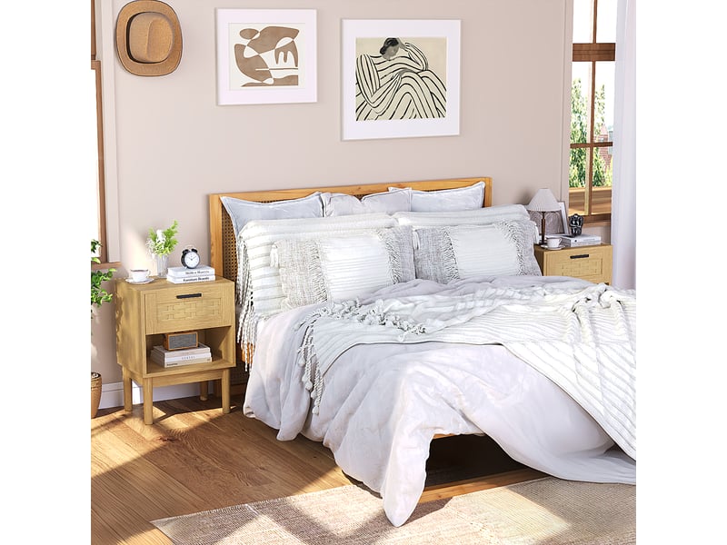  Lot de 2 tables de chevet en effet chêne et cannage - 40x30x55 cm - 1 tiroir et 1 niche ouverte - style bohème et naturel  - Conforama E