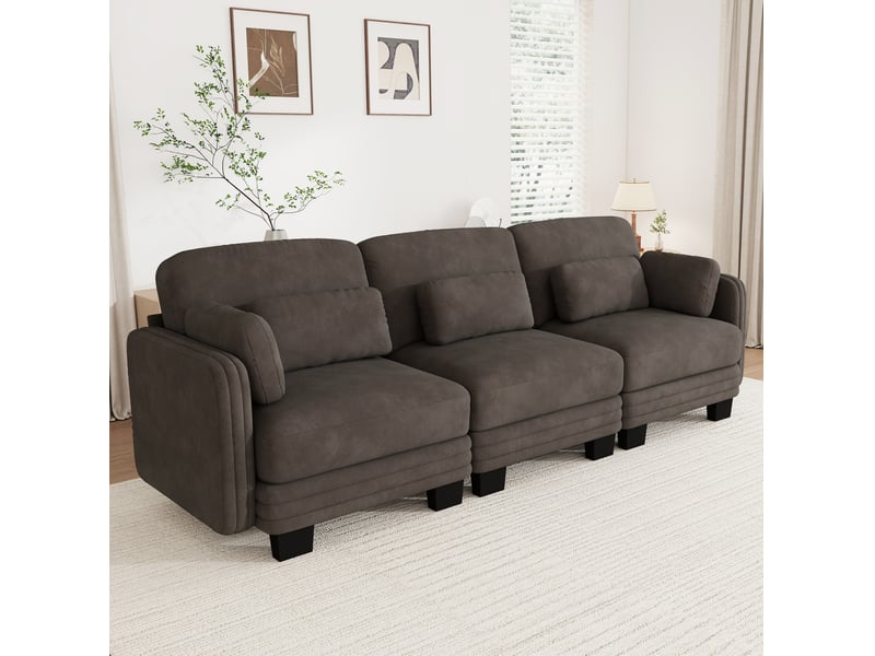 Canapé droit modulaire 3 places en chenille marron avec coussins mobiles - Conforama B