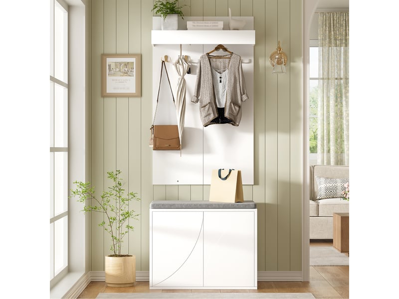  Meubles d'entrée 3 en 1 avec 2 portes, 4 crochets et banc à chaussures pour couloir blanc 60×35×145 cm  - Conforama C