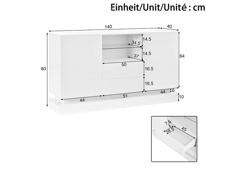 Buffet 140x40x80 cm blanc avec led, 2 portes et 2 tiroirs - Conforama C