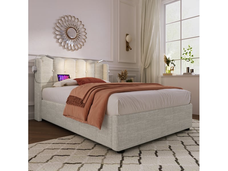  Modenvie lit coffre 90x200 cm - avec rangement intégré, liseuse et ports usb, sans matelas - naturel  - Conforama B