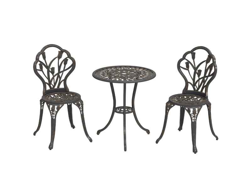  Ensemble de jardin 3 pièces comprenant 2 chaises et une table ronde avec trou pour parasol, bronze  - Conforama A