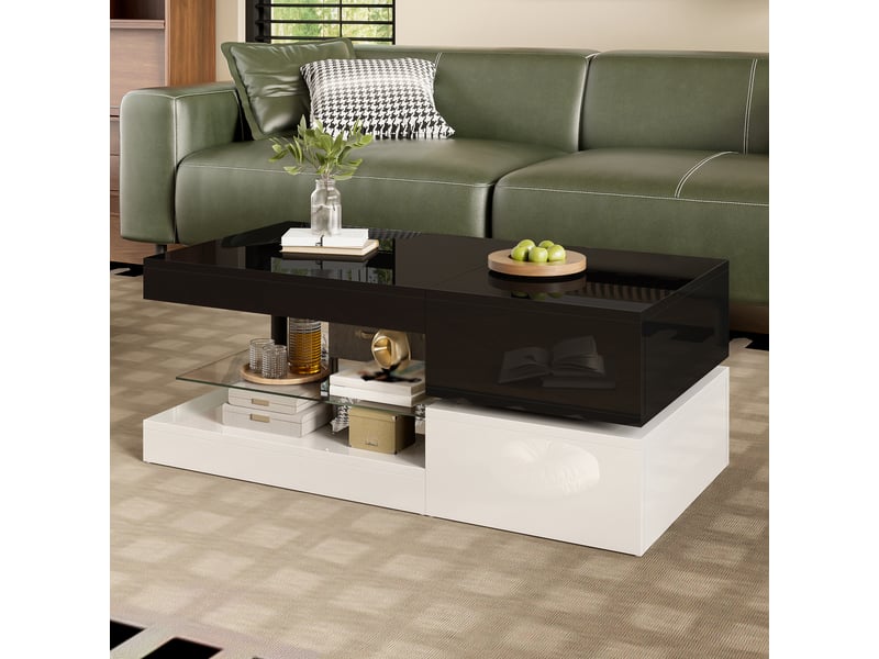  Table basse avec étagère en verre et led, style moderne, pour salon, noir, 90 × 45 × 35.5 cm  - Conforama C