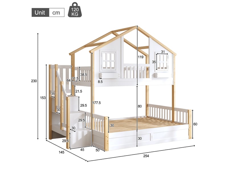  Lit superposé 90 × 200 et 140 × 200 cm 3 places avec coffre hydraulique, escalier de rangement et led, sans matelas  - Conforama D