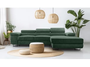 Canapé d'angle droit convertible <strong>AX LIVING </strong> <strong>Arborio</strong> 4 places Velours côtelé vert avec coffre de rangement