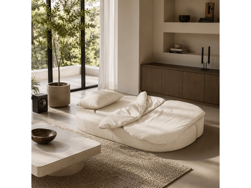  Chauffeuse convertible 2 places 130x200 cm, sans cadre rigide, mousse haute densité, 2 coussins, couverture 2-en-1, blanc cassé Morn Vibe - Conforama C