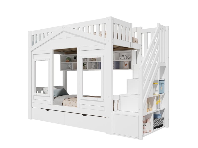  Lit mezzanine enfant 90x200 cm, escalier de rangement, fenêtre, protection antichute incluse, bois et mdf, blanc sans matelas  - Conforama A