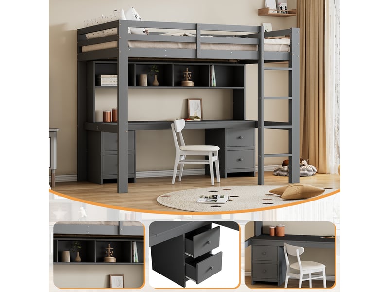  Lit mezzanine enfant 90 x 200 cm avec bureau intégré, 4 tiroirs et 4 niches, en pin massif et mdf, gris  - Conforama E