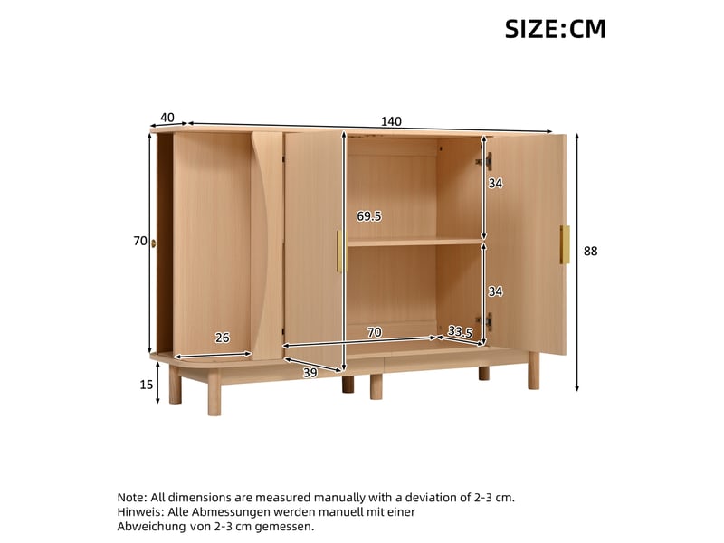  Buffet avec 2 portes, 3 compartiments et étagère réglable pour salon ou entrée, mdf naturel, 140 × 40 × 88 cm  - Conforama E