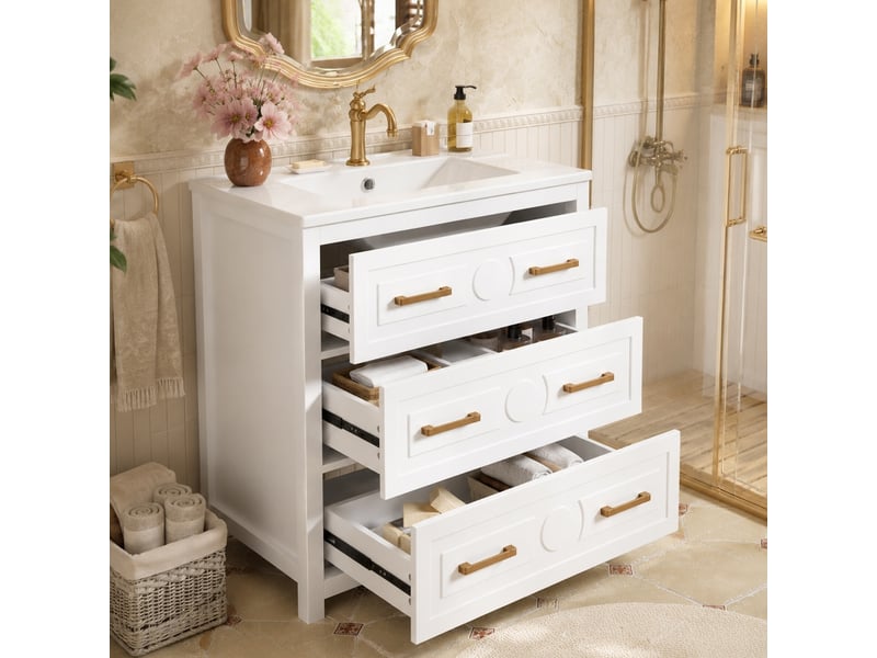  Meuble salle de bain sur pied 76,5cm avec vasque en céramique intégrée, meuble laqué blanc 3 tiroirs  - Conforama C