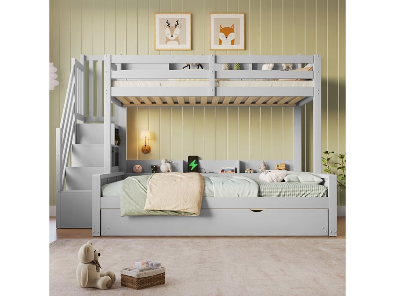  Lit superposé enfant 4 places 90×200 cm, 140×200 cm et 90×190 cm - okmyhome- usb, rangements, sans matelas  - Conforama C