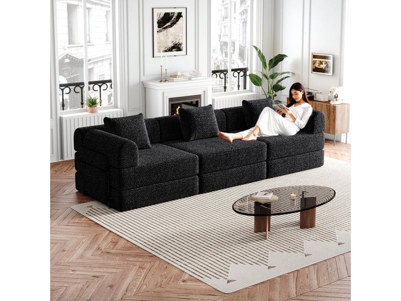  Canapé convertible 3 places - 274x91x70cm - chauffeuse lit chenille, poches rangement, cadre acier - noir  - Conforama D