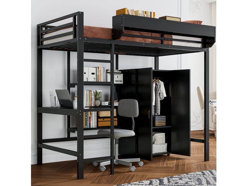  Lit superposé 90x200 cm avec bureau et armoire, métal et panneau de particules, noir, sans matelas  - Conforama E