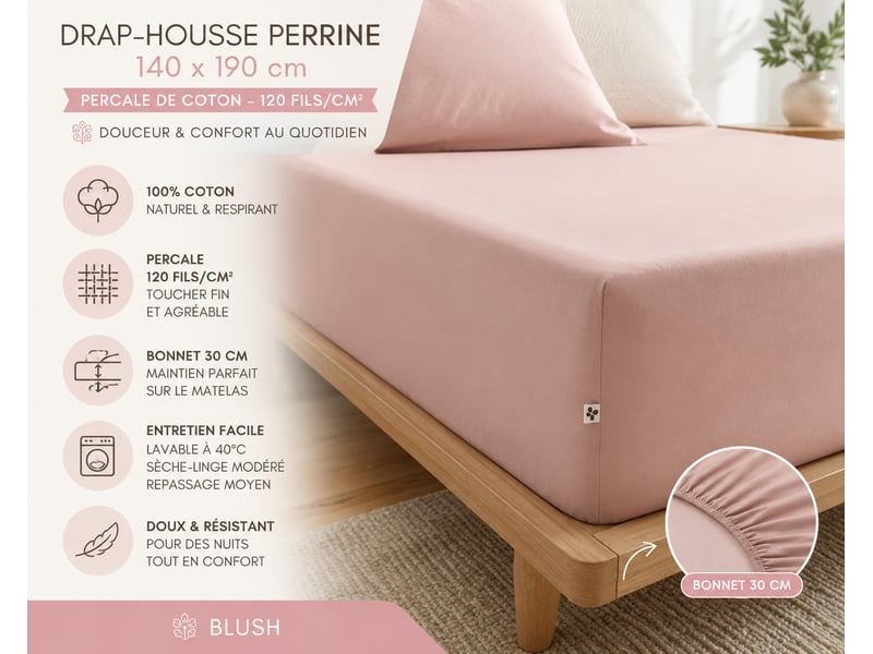 Drap-housse 140 x 190 cm percale de coton 120 fils unie perrine blush 15190 - Conforama C