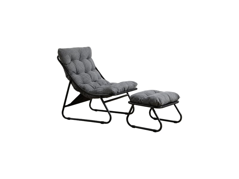  Fauteuil de jardin avec repose-pieds, coussins gris en velours côtelé et structure acier noire, style moderne  - Conforama A
