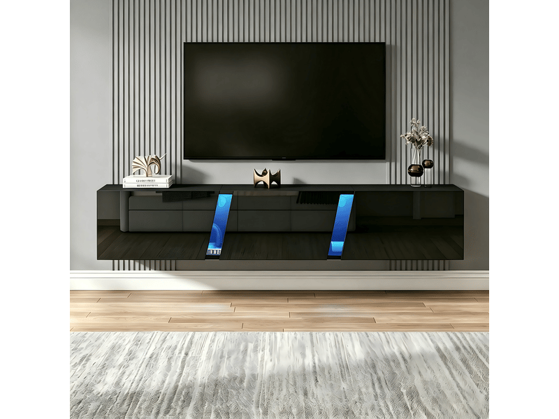  Meuble tv suspendu 180 cm noir brillant avec éclairage led app, 3 portes abattantes, supporte écran 75 pouces, 180x35x30 cm  - Conforama E