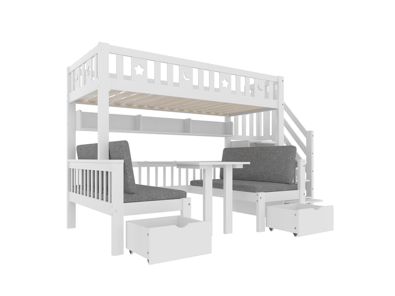  Lit mezzanine 2-en-1 avec bureau et escalier rangement, blanc, 90x200 cm  - Conforama D