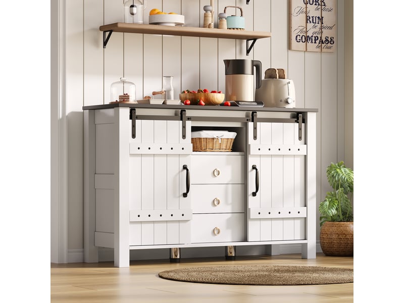  Buffet bahut salle à manger enfilade bois rustique meuble de rangement cuisine portes coulissantes et 3 tiroirs  - Conforama D