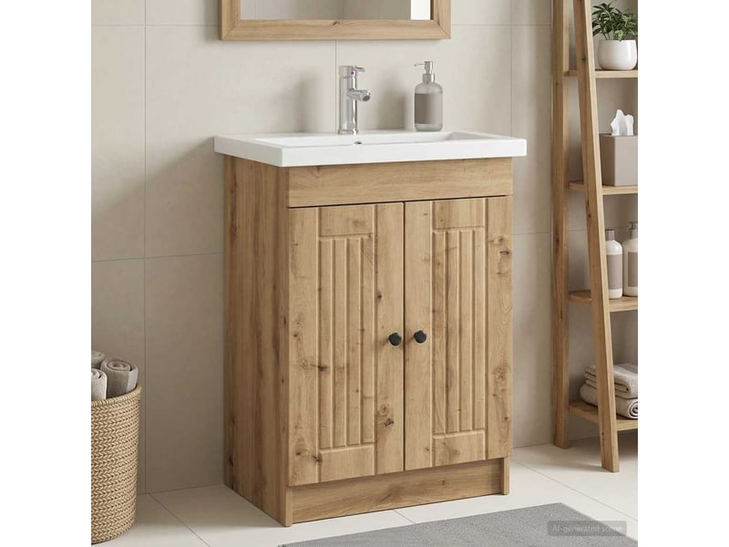  Armoire sous évier de salle de bain, meuble de rangement chêne artisanal shl9123  - Conforama B