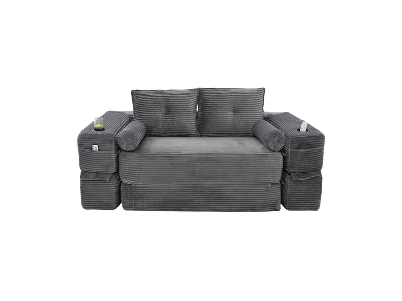  Canapé droit convertible 2 places en velours côtelé gris foncé, poches et porte-gobelet, confort durable  - Conforama A